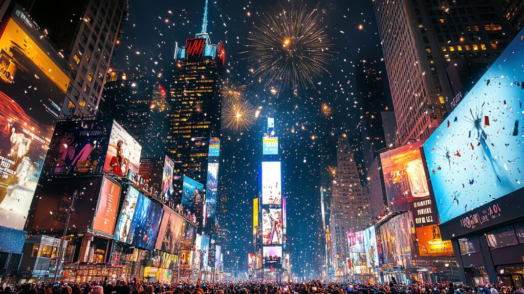 Celebração de Ano-Novo na Times Square, em Nova York, com multidão e fogos