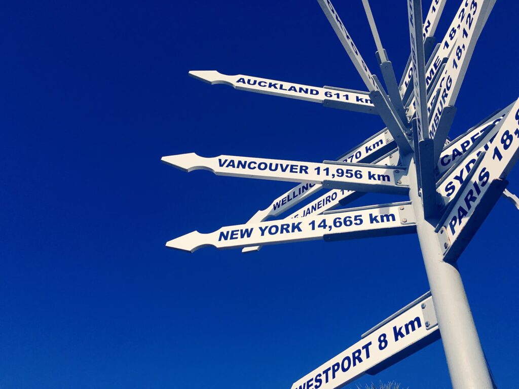 Placas de sinalização representando diferentes destinos de viagem