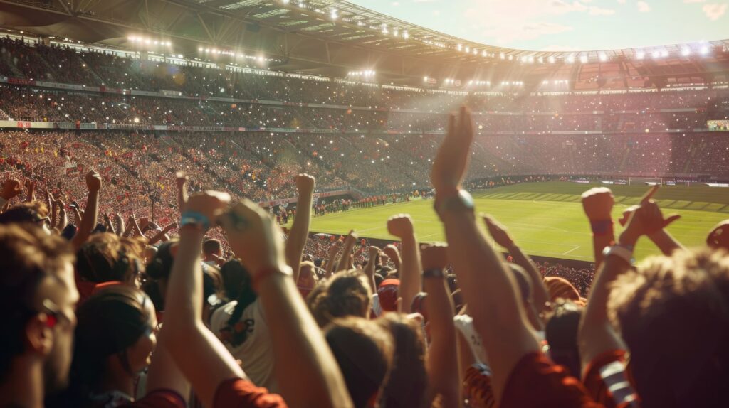 Multidão reunida em evento esportivo com clima de Copa do Mundo