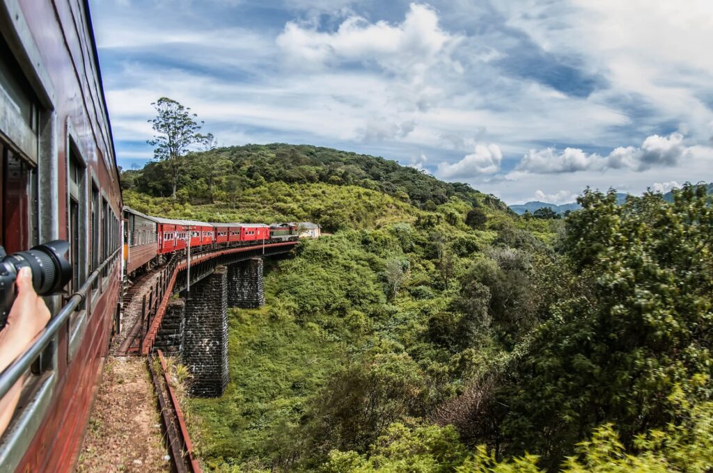 Trem turístico do Serra Verde Express passando por ponte na Serra do Mar