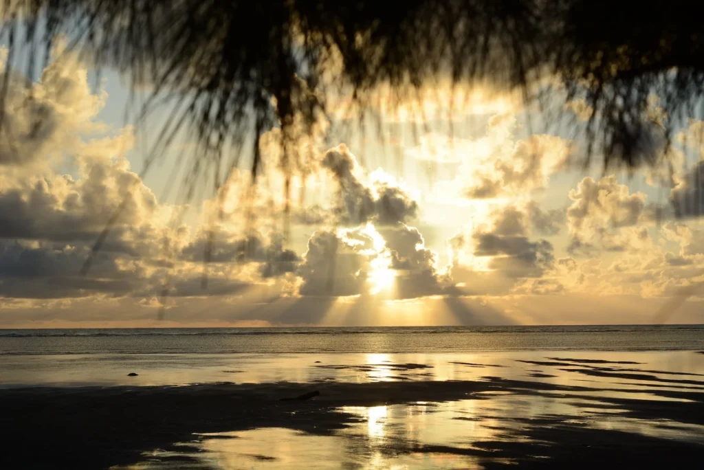 Vista da Praia de Mangue em Maragogi, Alagoas, com coqueiros e um pôr do sol alaranjado refletindo no mar calmo. Baixa temporada Brasil