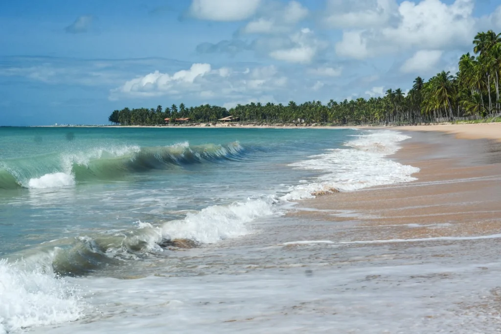 Ondas suaves quebrando na areia clara da Praia de Ipioca, em Maceió, com águas esverdeadas sob céu limpo. Baixa temporada Brasil